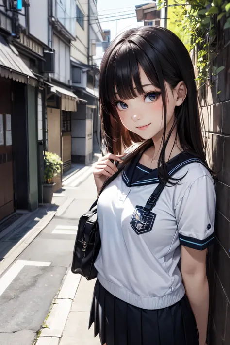 very cute and beautiful girl,(highly detailed beautiful face and eyes),(smile:1.2),shy,looking at viewer,
black hair,serafuku,(pleated navyblue mini skirt),standing,holding school bag,
narrow alley in tokyo,stone wall in front of modern building,trees,shru...