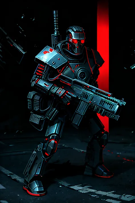 Terminator-like android in a futuristic battle scene, with red eyes and holding a stylized machine gun. 8k, realistic, 
