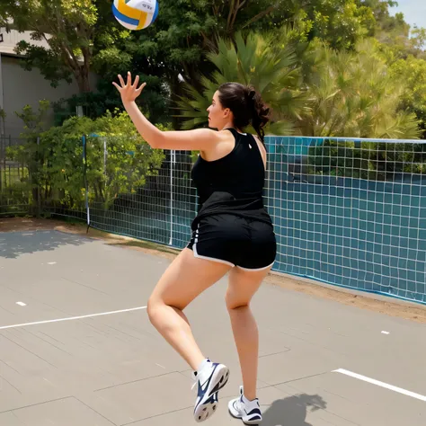 Woman in a black tank top and tight black shorts, on the court, is jumping to catch a ball, in an action pose, doing a kick, dynamic action kick, mid shot from behind, back kick, flying shot, back kick, long kick from behind, from outside, playing volleyba...