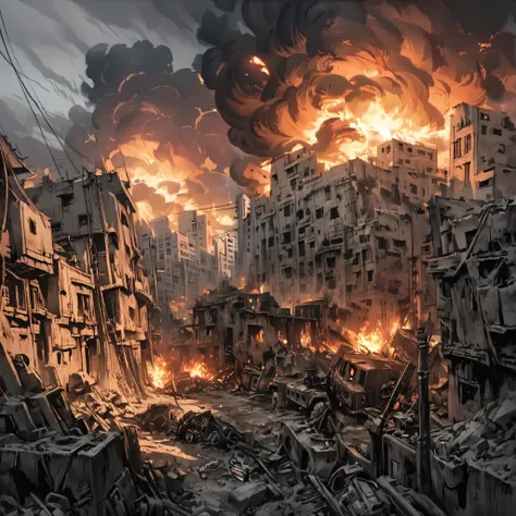 detailed ink illustration, middle eastern city on fire, black smoke, red and orange flames, explosions, dynamic scene, cinematic lighting, moody atmosphere, high contrast, dramatic composition, digital art, concept art, intricate details, vivid colors, pho...