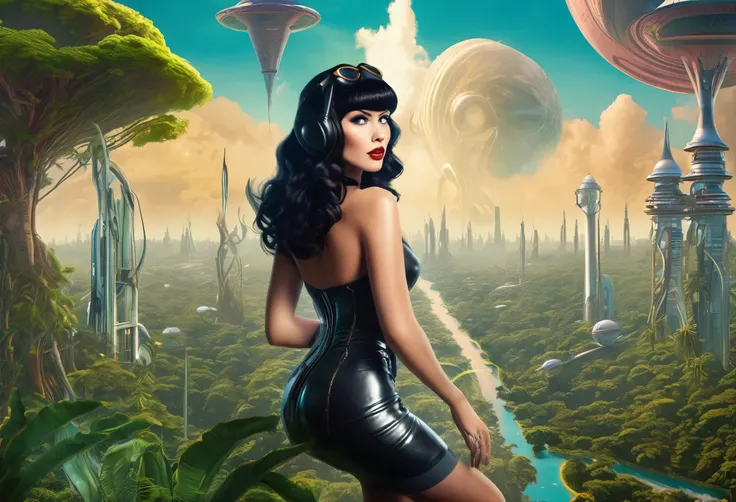 Photorealistic, Full Body Photo Of A Sci-Fi Pin-Up Girl, With Dark Hair With Bangs, On An Alien Jungle Planet With Cloud Trees, Tall Spires, Buildings, Bridges, Arches