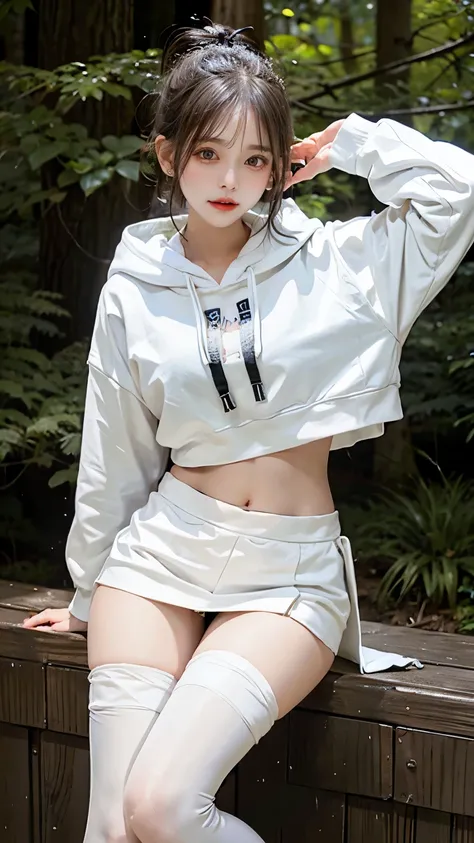 hoodie。From the knee up。Only the navel is exposed。White Hair。in the forest。mini skirt。Knee socks。Standing posture。