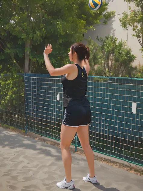 Woman in black tank top and tight black shorts, on the court, outside, side view of her taking steps, spinning, shot from behind, in an action pose, medium shot taken from behind, shot from behind, rear shot to catch one ball, in an action pose, throwing a...