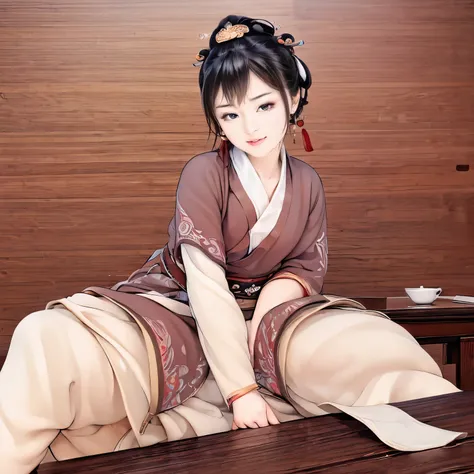 ((chinese traditional ink image, hanfu)), eyes realistic sizing, drooping eyes, smiling, spread legs, (((hit her crotch against ...