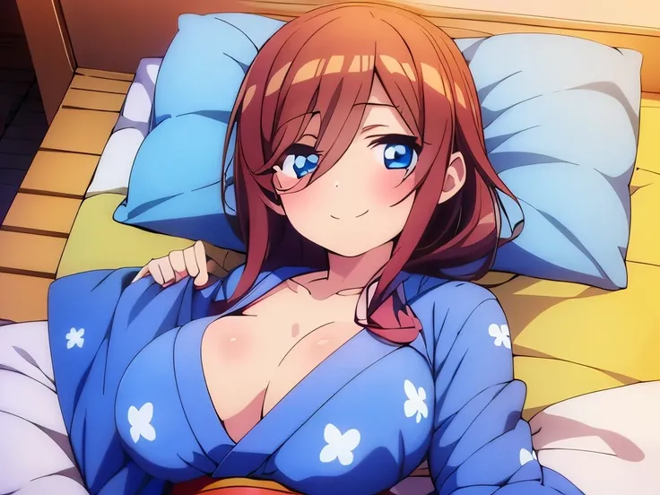 ((masterpiece)), ((best quality)), (ultra-detailed), anime style, on the bed, a cute girl, 1girl, solo, ((beautiful eyes)), smile, kimono, japanese cloth, ((open chest)), ((cute nipples)), small breast