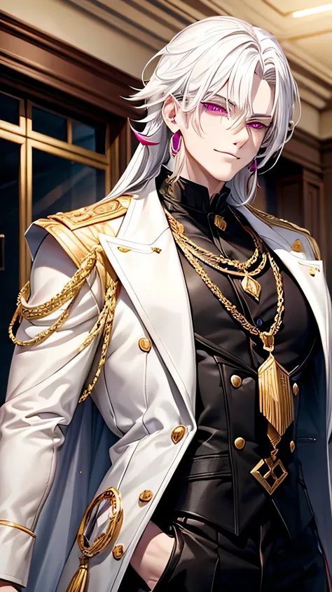 White hair, dark pink eyes white skin, sharp jawline, grinning hair covering neck, black and gold clothing, 2 gold earrings, males, muscular, tall, inside a classroom