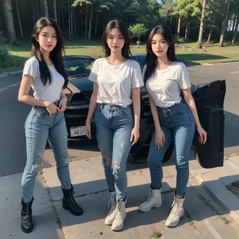 White short-sleeved T-shirt, Toe of the boot, Top with exposed arms, two feet apart. Matching white boot, people standing far apart, long jeans plain jeans or non-distressed jeans, white sneakers, The shirt covers the back the pants, white t-shirt,, shirt ...
