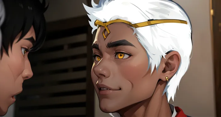 (estilo anime 2d plano)Cute 16-year-old boy speaks evil with hate with a mischievous smile, malevolent irony, white hair, yellow eyes, golden headband jewelry
