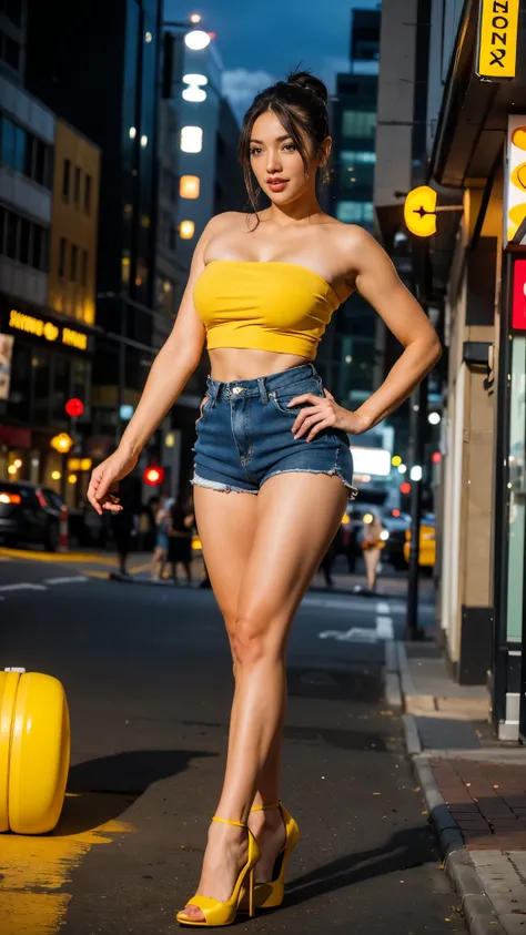 A sexy woman, natural makeup, slender body, saggy breasts, wearing yellow tube top shirt with jersey and yellow short shorts, stilettos, high heels, long legs, seductive pose, night at downtown sidewalk, full body, dynamic lighting, masterpiece, ultra deta...