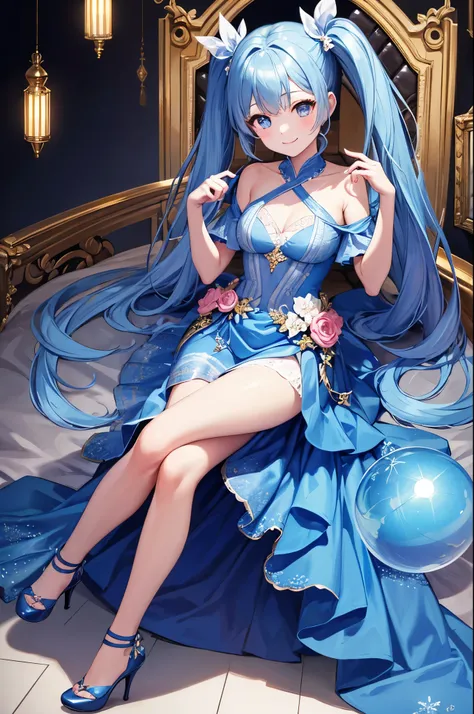 masterpiece, highest quality, Very detailed, Ultra-high resolution, Super detailed, masterpiece, highest quality,  Beautiful lighting,Light blue long hair、Beautiful girl with twin tails、Dark Eyes、A happy smile、Bright dress、Sparkling glass high heels、A glam...