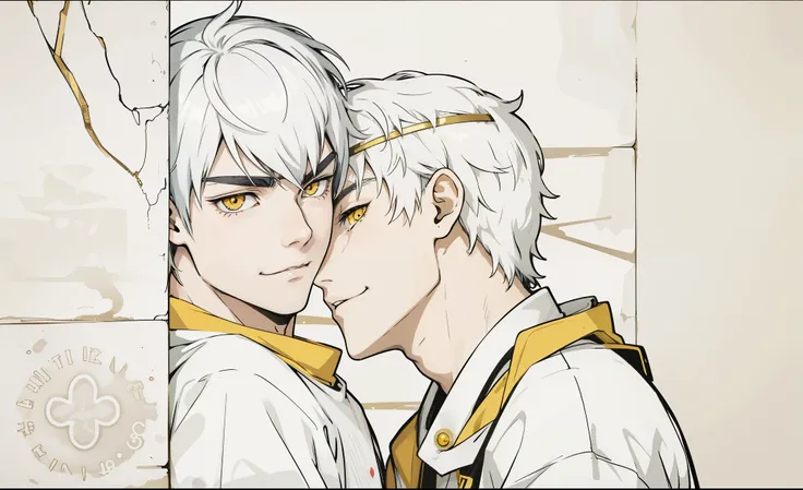 (estilo anime 2d plano)Cute 16-year-old boy speaks evil with hate with a mischievous smile, malevolent irony, white hair, yellow eyes, golden headband jewelry 