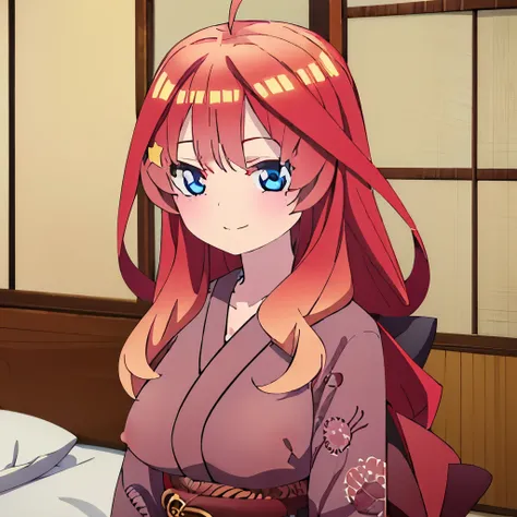 ((masterpiece)), ((best quality)), (ultra-detailed), anime style, on the bed, a cute girl, 1girl, solo, ((beautiful eyes)), smile, kimono, japanese cloth, ((open chest)), ((cute nipples)), small breast