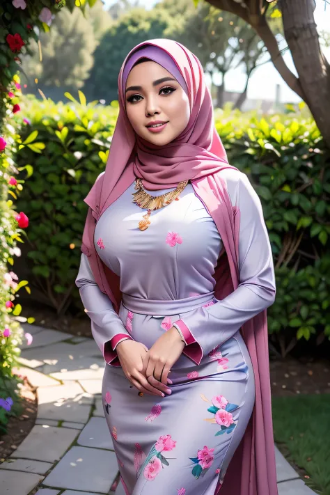 raw, best quality, high resolution, masterpiece: 1.3), beautiful malay woman in hijab, masterpiece, perfect slim body, ((big bre...