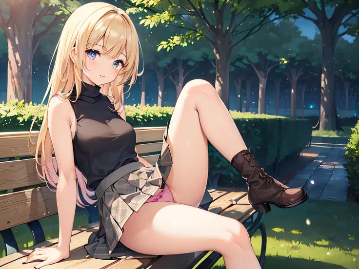 (Masterpiece, highest quality, high resolution, realistic photo, realistic looking skin:1.1),
(Woman is sitting on a park bench surrounded by trees late at night:1.8),
(short skirt revealing panties: 1.8), 
(She is looking at the viewer from a slightly hig...