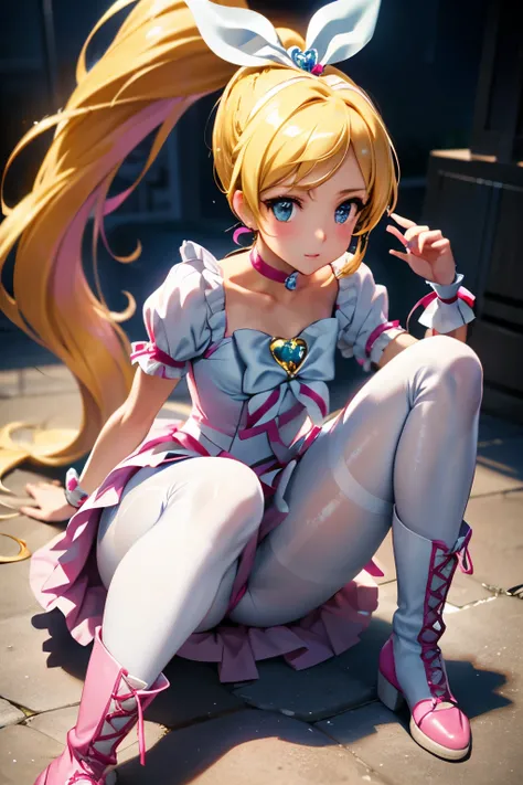 Cure Rhythm、Pretty Cure、Blonde、Long Hair、Medium chest、Jail、One girl、((Pantyhose with holes))、(boots)、ponytail、(Chained)