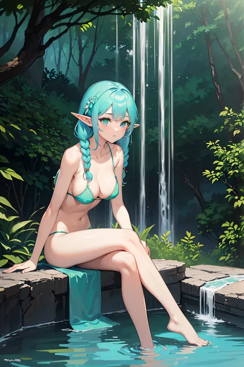 All realistic intricate details: "(medium shot, (1 girl ELF only), Aqua COLOR hair, blush, measurements 93 50, (mischievous expression), sitting near a cenote, ELF whith open legs, clavicle, arcane, very short venus Bikini, firm breasts, big breasts, nude,...