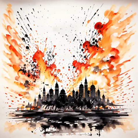 Abstract ink illustration A middle eastern city is on fire, with black smoke filling the sky and red and orange flames leaping from buildings. There are also explosions going on. There is red water splashing everywhere. Focus shot from above