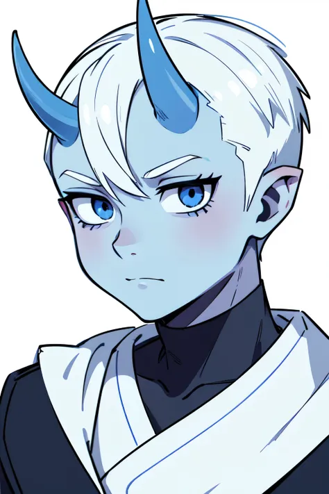 Man, adult, blue skin, White hair, shaved head, hair covers one eye, bangs cover the eye, horns from the front, Blue turtleneck, pointy ears, White background