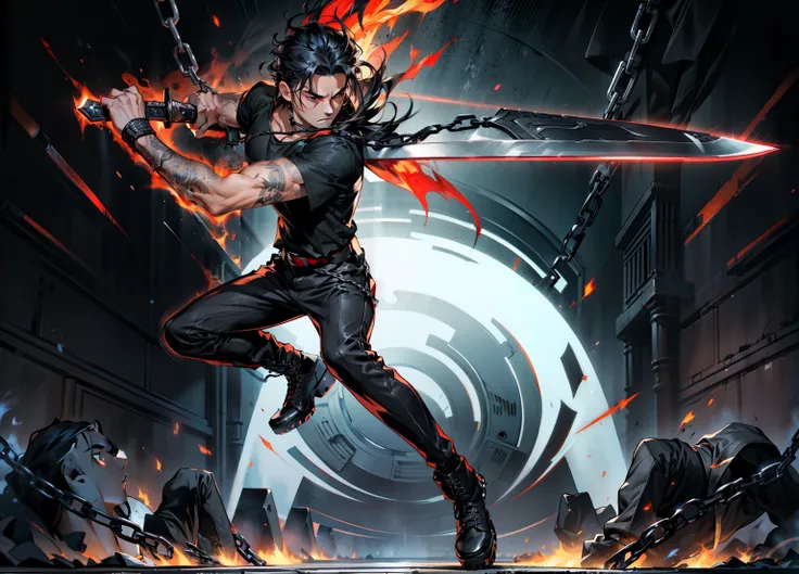 boys 26 Years old, Serious face, black hair, flowing hair, wearing ((black shirt)), black pants, high cut boots, holding sword, flames, chains, giant sword   