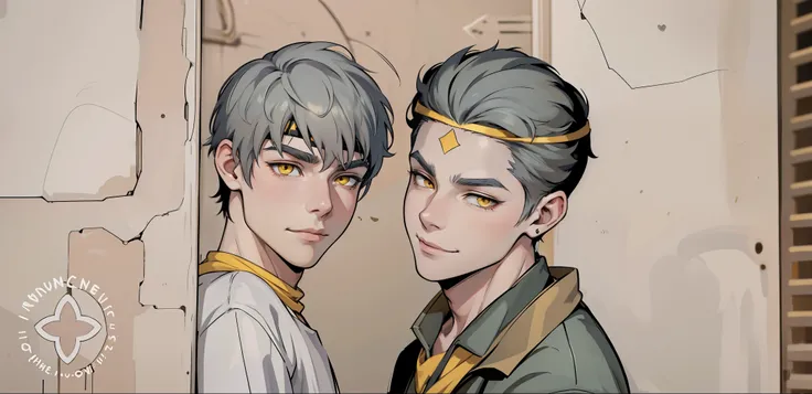 (estilo anime 2d plano)Cute 16-year-old boy speaks evil with hate with a mischievous smile, malevolent irony, white hair, yellow eyes, golden headband jewelry