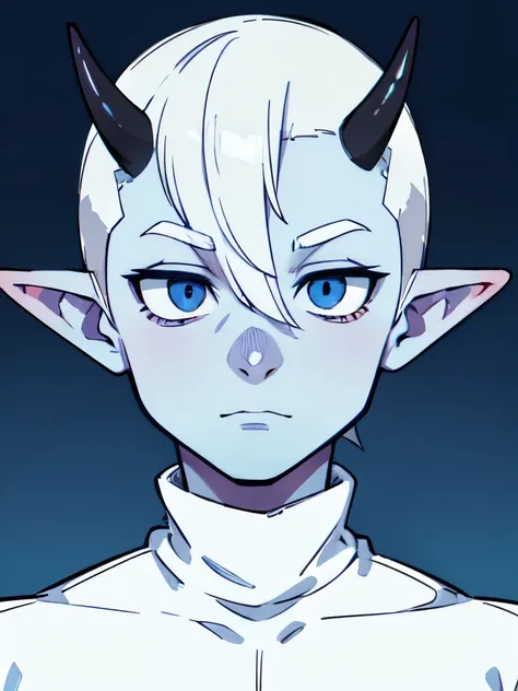 Man, adult, blue skin, White hair, shaved head, hair covers one eye, bangs cover the eye, horns from the front, Blue turtleneck, pointy ears,  full-length character, full face