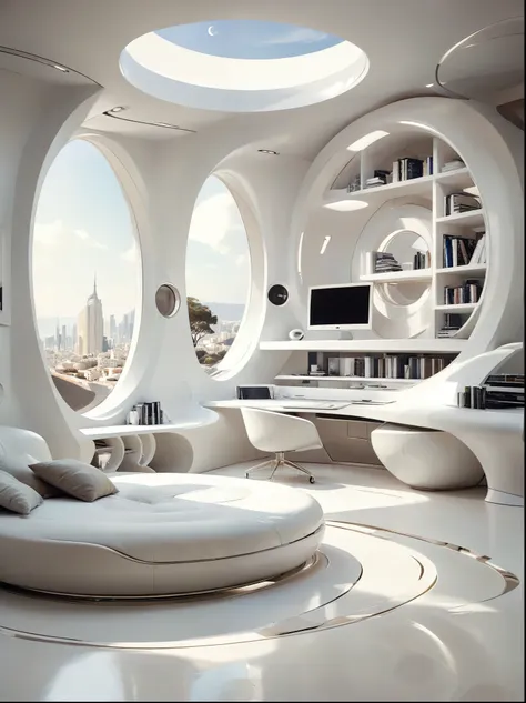 bedroom study concept for futuristic home incorporates organic fluidity、circles and geometric shapes，and use artistic imaginatio...