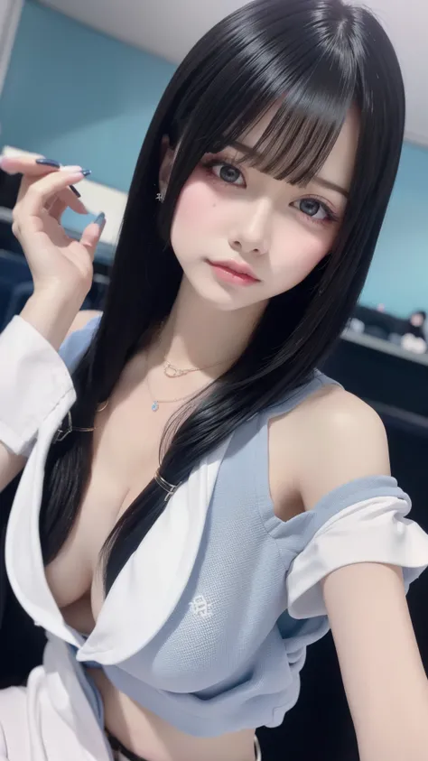 (masterpiece、highest quality、8k、32k、masterpiece、Viewing permitted:1.2)、One Girl、Long Hair Girl、Beautiful Japanese Women、Black-haired、Heavy bangs、Hair length、Accentuate your breasts、(Super big boobs:1.3), (jirai make, Jirai Girl,  glitter eye make、color con...