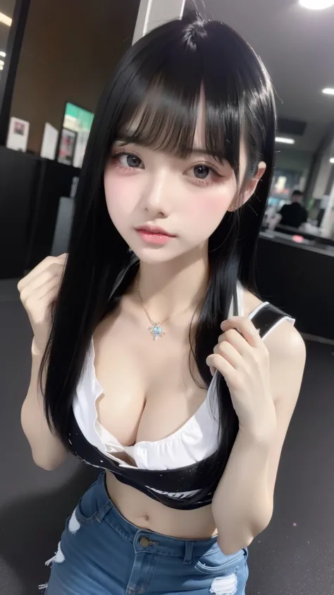 (masterpiece、highest quality、8k、32k、masterpiece、Viewing permitted:1.2)、One Girl、Long Hair Girl、Beautiful Japanese Women、Black-haired、Heavy bangs、Hair length、Accentuate your breasts、(Super big boobs:1.3), (jirai make, Jirai Girl,  glitter eye make、color con...