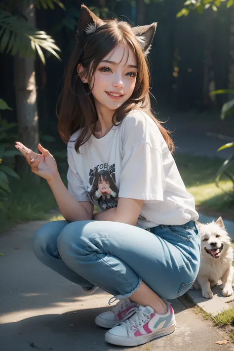 (Adorable Girl with a Pet Dog:1.2), Super-Cute Detailed Description, Playful Scene, High-Quality Render, 8K Resolution, Photorealistic Presentation, Realistic Dog Fur Texture, Girl with a Glowing Heart, Casual Outfit, Jeans and a T-Shirt, White Converse Sn...