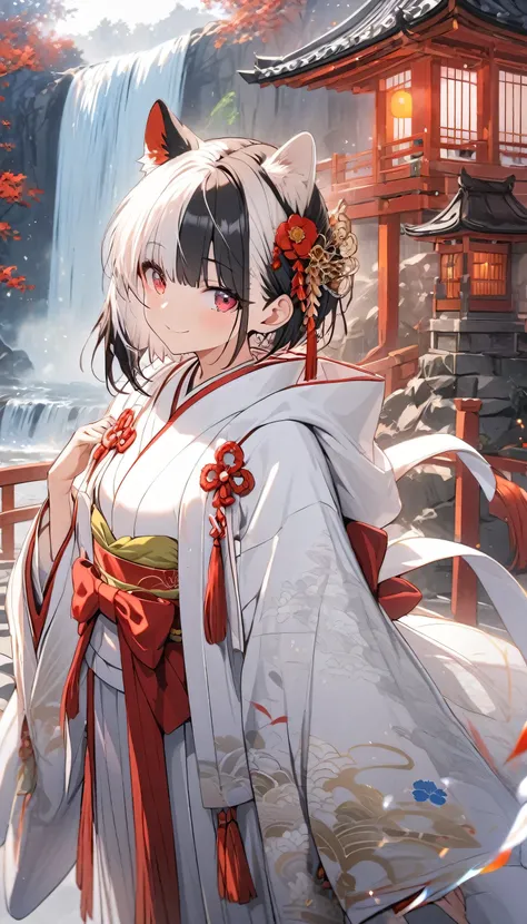 1girl, solo, looking at viewer, smile, short hair, bangs, long sleeves, holding, animal ears, standing, flower, japanese clothes, black hair, red eyes, white hair, multicolored hair, two-tone hair, tattoo, ((split-color hair)), hood, wide sleeves, kimono, ...