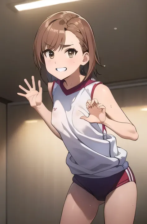 Misaka Mikoto、 Brown Hair, Shortcuts, (Brown eyes:1.7), Ringlet, hair bow, bow, red bow, (Small breasts:1.5),Nipple erection、
break,Wearing gym clothes and bloomers 、
break looking at viewer, , whole body,
break indoors, School、
break (masterpiece:1.2), hi...