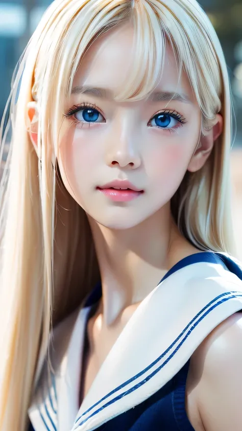 RAW Photos、((((Extremely beautiful portrait)))、(((Bright and fair skin))、1 girl、、Sailor suit、A 15-year-old pretty, bright, natural platinum blonde beauty.、((Gorgeous, natural, bright white platinum blonde))、Super long straight hair、Beautiful Bangs、[Attract...
