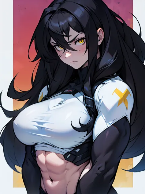 sad pale muscular girl breasts hair black hair yellow eyes extremely long hair sad