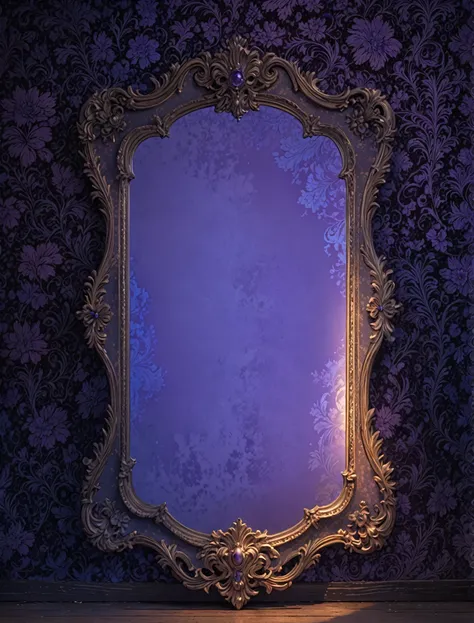 masterpiece, storybook style, highly detailed, masterpiece, vintage mirror, victorian wallpaper, victorian era, beautiful, dark,violet and blue light, standing on the floor