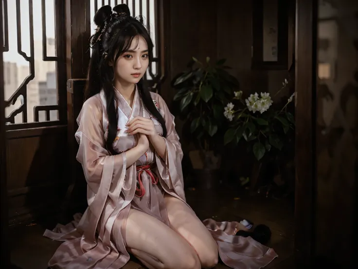 1girl,full body,extremely detailed face, beautiful detailed eyes,light on face,cinematic lighting,looking at viewer,outdoors,Black hair,(balck Chinese architecture:0.05), transparent hanfu