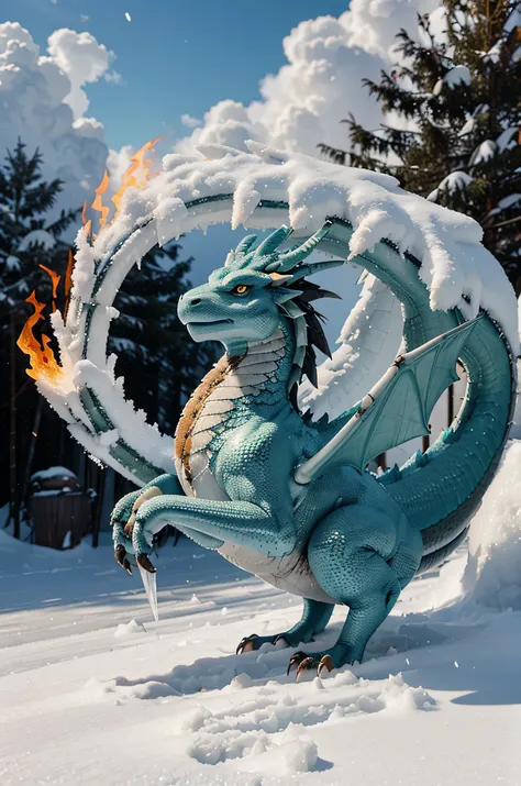 A Phoenix sage dragon rising from the snow during the ice age in fire and flames sage dragon,
