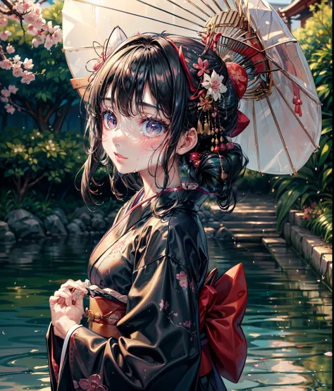 (best quality,highres,ultra-detailed,Pixiv:1.37),1 girl, full body, (7 years old girl:1.2), beautiful detailed eyes, beautiful detailed lips, girl wearing large teal kimono, beauty complex pattern on kimono, (wet, wet body, wet hair, wet skin, very wet kim...