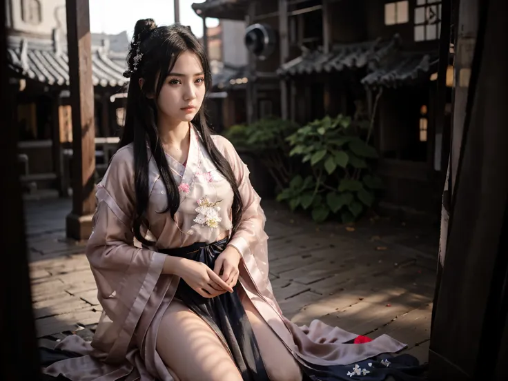 1girl,full body,extremely detailed face, beautiful detailed eyes,light on face,cinematic lighting,looking at viewer,outdoors,Black hair,(balck Chinese architecture:0.05), transparent hanfu