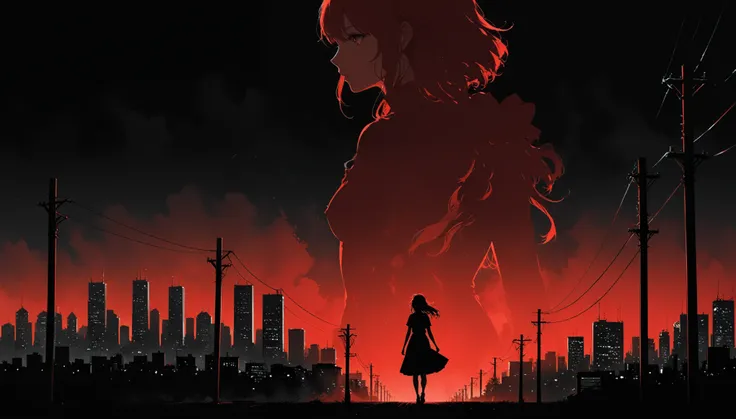 (in style of Ashley Wood:1.3),(in style of Takeshi Obata:0.9),
black and white urban skyline background,protruding utility poles,(a red silhouette of a young girl:1.6),minimalist silhouette,red silhouette,black and white background,wide_shot,silhouette of ...