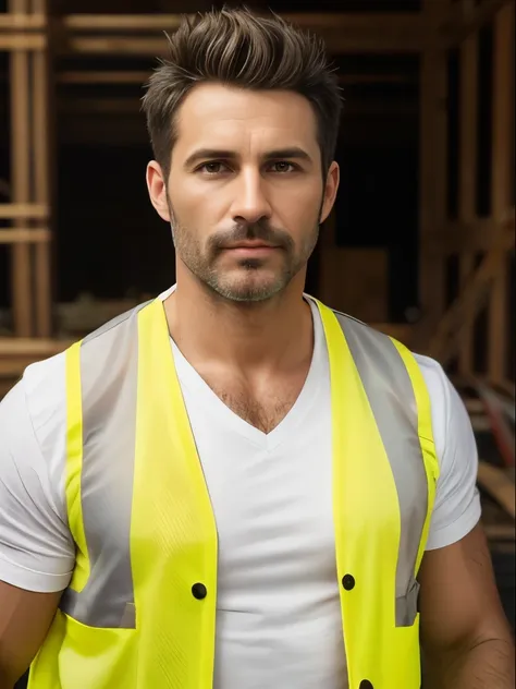 masterpiece, best quality, high resolution, closeup portrait, male focus, solo focus, a man, 40 years old, with construction wor...