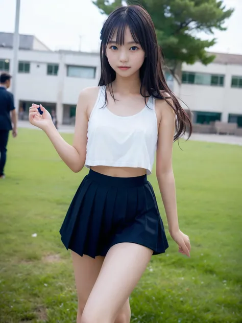 (masterpiece, highest quality:1.4), Award-winning portraits, 8k, 85mm, alone, Beautiful Face, Delicate girl,  (Cheerleader、On the grass), Sophisticated, cute, 15 years old, RAW Photos, Confused, High resolution, Sharp focus, Background Blur、(((flat  、thin ...