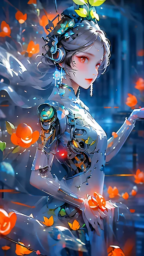 1 girl, chinese_clothing, liquid silver and tangerine, cyberhan, cheongsam, cyberpunk city, dynamic poses, detailed glowing head...