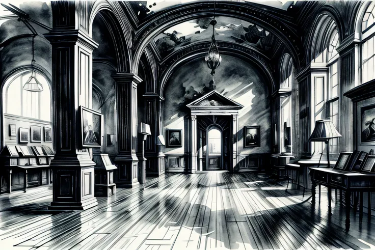 local history museum, interior, watercolor, art, art, fantastic illustrations, upscale, fairy tale, fairytale, monochrome