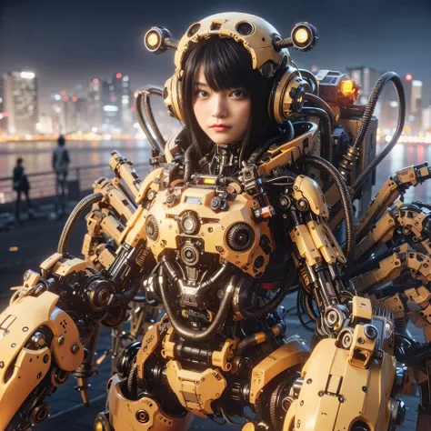 (top-quality:1.2, masterpiece), ultra high resolution, (Photorealsitic:1.4), (biopunk), (scorpion-type powered suit), light yellow base with silver and bronze accent,  (mechanical frame:1.3), 1 japanese girl, extremely realistic face, ((ultimately intricat...