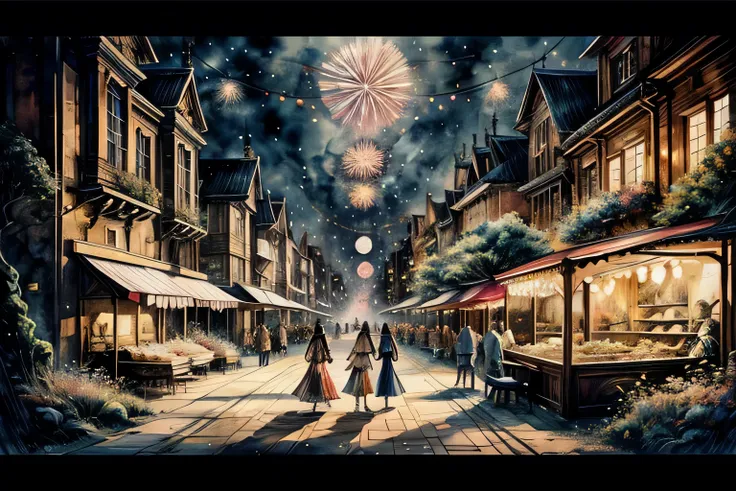 new year festival venue, interior, watercolor, art, art, fantastic illustrations, upscale, fairy tale, fairytale