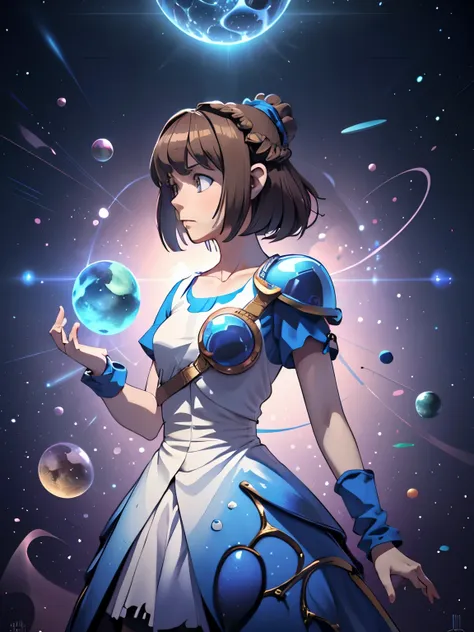 nadja1, arle nadja, 1girl, brown hair, half updo, solo, (blue skirt), blue short sleeves, armor, collarbone, white shirt, wrist ...