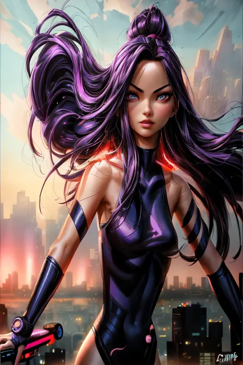 "In a futuristic world, Psylocke zoomed through the sky on her hoverboard, her mind controlling the speed and direction as she explored the neon-lit cityscape."