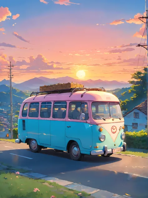 Establishing capture, well-loved vintage light blue bus, object focus, dented metal and enamel flank, soft pink orange sunset reflecting off windshield and chassis, traveling west, vast landscape, sense of movement and journey, hope and resilience, masterp...