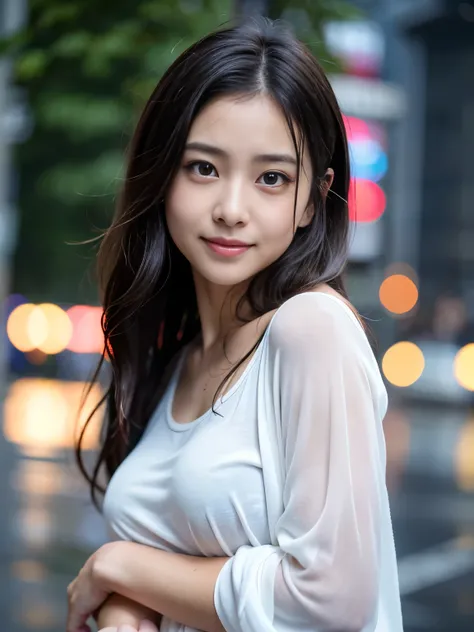 (Best-quality, Masterpiece, Ultra-High-Resolution, (Photorealistic:1.4), Raw Photo, depth of field, professional lighting, perfect anatomy, extremely details), 1girl, the most famous Japanese idol, innocent smile, upper body, at street in heavy-rain, ((wea...