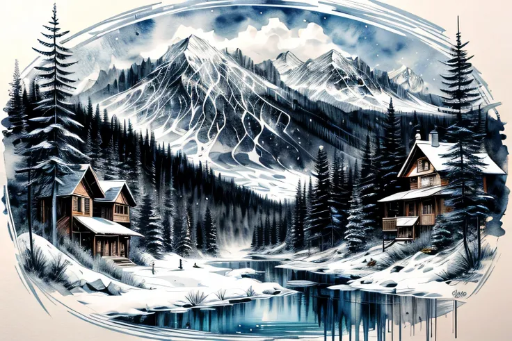 Ski resort, Interior, Watercolor, art, art, Fantastic illustrations, upscale, fairy tale, Fairytale, Monochrome